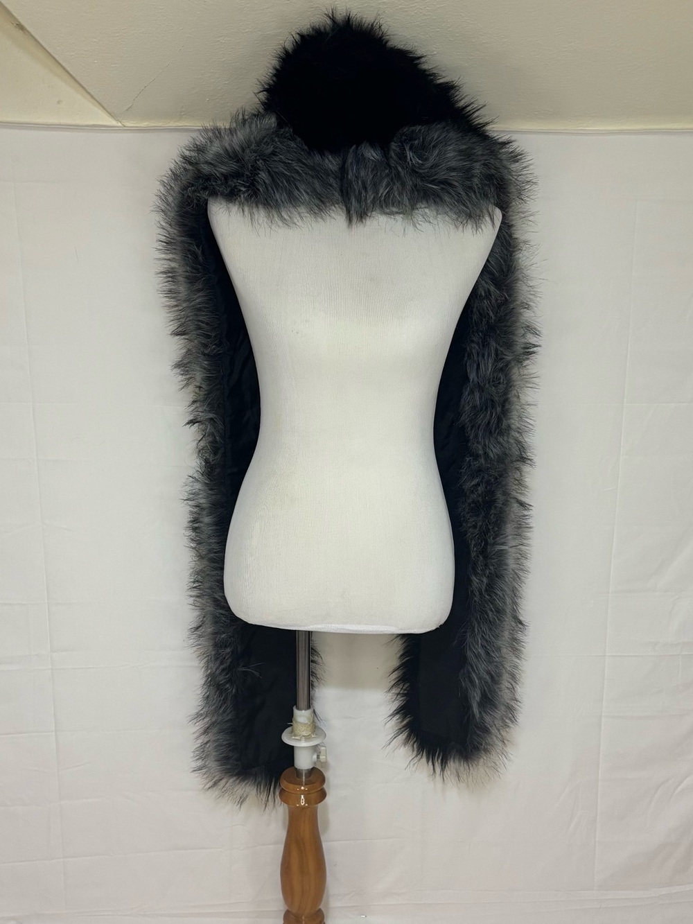 Plush Faux Fur Hooded Scarf Wrap in Black and Gray